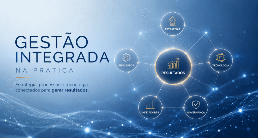 Gestão integrada na prática: por que estratégia, processos e tecnologia precisam caminhar juntos Muitas organizações investem em planejamento estratégico, implementam novos sistemas e acompanham dezenas de indicadores. Ainda assim, continuam enfrentando retrabalho, baixa produtividade, dificuldades de execução e pouca visibilidade sobre seus resultados. O problema nem sempre está na estratégia, nos processos ou na tecnologia isoladamente. Na maioria das vezes, o desafio está na falta de integração entre esses elementos. Quando estratégia, processos, dados, pessoas e tecnologia operam de forma desconectada, a organização tende a trabalhar muito sem necessariamente avançar na direção certa. É nesse contexto que a gestão integrada se torna fundamental. Mais do que conectar áreas, a gestão integrada cria uma lógica comum entre objetivos estratégicos, processos de trabalho, indicadores, governança e tecnologia, garantindo que toda a organização esteja orientada para resultados. ________________________________________ O que você vai encontrar neste artigo • O que é gestão integrada na prática; • Por que estratégia, processos e tecnologia precisam caminhar juntos; • Os riscos da gestão fragmentada; • O papel dos indicadores e da governança; • Como iniciar uma jornada de integração organizacional. ________________________________________ O problema da gestão fragmentada Toda organização precisa lidar simultaneamente com projetos estratégicos, processos operacionais, metas, indicadores, sistemas, demandas regulatórias e expectativas dos clientes. Quando essas frentes evoluem de forma isolada, surgem problemas recorrentes: • Excesso de iniciativas sem priorização; • Processos dependentes de pessoas específicas; • Retrabalho entre áreas; • Sistemas que não compartilham informações; • Indicadores que medem atividades, mas não resultados; • Decisões tomadas com dados incompletos; • Baixa clareza sobre responsabilidades; • Dificuldade para acompanhar a execução da estratégia. Na prática, isso significa que a organização planeja de um lado, executa de outro e investe em tecnologia sem necessariamente resolver suas causas estruturais. O resultado é uma gestão fragmentada, com baixa capacidade de transformação e dificuldade para sustentar o crescimento. ________________________________________ O que é gestão integrada na prática? Gestão integrada é a capacidade de conectar todos os elementos que influenciam o desempenho organizacional. Isso inclui: • Estratégia; • Processos; • Estrutura organizacional; • Indicadores; • Projetos; • Governança; • Pessoas; • Dados; • Tecnologia; • Tomada de decisão. Em vez de cada área trabalhar com objetivos próprios e informações isoladas, a organização passa a operar de forma sistêmica, compartilhando prioridades, responsabilidades e resultados esperados. Mais do que organizar melhor a rotina, a gestão integrada cria um modelo capaz de sustentar crescimento, eficiência, inovação e transformação ao longo do tempo. Uma organização integrada sabe onde quer chegar, entende como seus processos contribuem para esse objetivo, acompanha indicadores relevantes e utiliza tecnologia para ampliar sua capacidade de gestão. ________________________________________ Estratégia sem processo não se sustenta A estratégia define a direção. Os processos tornam essa direção executável. Muitas organizações possuem planos estratégicos bem estruturados, mas encontram dificuldades para transformar esses objetivos em resultados concretos. Isso acontece porque a execução depende dos processos. Quando os processos não estão claramente definidos, padronizados e monitorados, surgem gargalos, retrabalho, atrasos e perda de eficiência. Por isso, toda estratégia precisa ser desdobrada em processos. Isso significa identificar: • Quais atividades são críticas para os resultados; • Quais áreas participam da execução; • Onde existem gargalos; • Quais etapas agregam valor; • Quais rotinas precisam ser redesenhadas. Processos bem estruturados reduzem dependências individuais, aumentam previsibilidade e transformam objetivos estratégicos em entregas concretas. Sem processos, a estratégia depende de esforço individual. Com processos, ela passa a depender de um sistema de execução. ________________________________________ Processo sem tecnologia limita a escala Se a estratégia precisa dos processos para se tornar executável, os processos precisam da tecnologia para ganhar escala, controle e inteligência. Em organizações mais complexas, controles manuais, planilhas isoladas e comunicações informais rapidamente se tornam insuficientes. A tecnologia permite: • Automatizar atividades; • Integrar informações; • Reduzir erros operacionais; • Acompanhar indicadores em tempo real; • Aumentar a transparência da gestão; • Apoiar a tomada de decisão. Mas existe uma condição fundamental. Tecnologia não deve ser utilizada apenas para digitalizar processos ruins. Antes de automatizar, é preciso entender. Antes de implementar sistemas, é preciso redesenhar. Antes de construir dashboards, é preciso definir quais indicadores realmente importam. Quando a tecnologia é aplicada sobre processos desorganizados, ela apenas acelera os problemas existentes. Quando é aplicada sobre processos bem estruturados e alinhados à estratégia, ela amplia a capacidade de gestão da organização. ________________________________________ Tecnologia sem estratégia vira custo Nos últimos anos, muitas organizações ampliaram significativamente seus investimentos em sistemas, plataformas, automação e transformação digital. No entanto, nem todo investimento tecnológico gera resultado. Uma ferramenta só cria valor quando está conectada a um objetivo organizacional claro. A pergunta principal não deveria ser: “Qual sistema devemos implantar?” Mas sim: • Qual problema precisamos resolver? • Qual resultado queremos alcançar? • Quais processos precisam evoluir? • Quais dados são necessários para decidir melhor? • Quais áreas precisam atuar de forma integrada? Quando a tecnologia responde a essas perguntas, ela deixa de ser apenas um custo operacional e passa a atuar como alavanca de transformação. ________________________________________ Como isso acontece na prática Imagine uma organização que estabelece como objetivo estratégico reduzir em 30% o tempo de atendimento aos seus clientes. Para alcançar esse resultado, não basta definir a meta. É necessário: • Revisar os processos envolvidos; • Eliminar gargalos e retrabalho; • Definir indicadores de desempenho; • Integrar áreas responsáveis; • Disponibilizar dados confiáveis; • Utilizar tecnologia para automatizar etapas críticas; • Acompanhar continuamente os resultados. Quando esses elementos atuam em conjunto, a estratégia deixa de ser uma intenção e passa a produzir resultados concretos. Esse é o princípio da gestão integrada. ________________________________________ Indicadores: o elo entre estratégia, processos e tecnologia Os indicadores são um dos principais pontos de conexão dentro de um modelo integrado de gestão. Eles permitem acompanhar se a estratégia está avançando, se os processos estão funcionando adequadamente e se a tecnologia está gerando valor. Entretanto, quantidade de indicadores não significa qualidade de gestão. Indicadores relevantes ajudam a responder perguntas estratégicas como: • Estamos avançando em direção aos objetivos definidos? • Quais processos estão limitando a performance? • Onde devemos priorizar recursos? • Quais iniciativas geram maior impacto? • Quais riscos exigem atenção imediata? Quando bem estruturados, os indicadores deixam de ser apenas números em relatórios e passam a orientar decisões, reuniões e ajustes de rota. ________________________________________ Governança: o que mantém a integração viva Estratégia, processos e tecnologia precisam de um mecanismo que mantenha tudo funcionando de forma coordenada. Esse mecanismo é a governança. A governança define: • Papéis e responsabilidades; • Fóruns de decisão; • Critérios de priorização; • Rituais de acompanhamento; • Mecanismos de monitoramento. Sem governança, a integração depende de iniciativas isoladas. Com governança, ela passa a fazer parte do funcionamento da organização. Esse aspecto é especialmente importante em instituições públicas, grandes empresas e organizações com múltiplas áreas envolvidas. ________________________________________ Como iniciar uma jornada de gestão integrada A implementação deve começar pela compreensão da realidade atual da organização. Antes de propor soluções, é necessário entender: • Como a estratégia é executada; • Quais são os processos críticos; • Onde estão os principais gargalos; • Quais indicadores já existem; • Quais sistemas são utilizados; • Como as decisões são tomadas. A partir desse diagnóstico, torna-se possível construir uma agenda consistente de transformação. Os principais passos incluem: 1. Clarificar objetivos estratégicos; 2. Identificar processos críticos; 3. Mapear gargalos e retrabalho; 4. Definir indicadores alinhados aos resultados; 5. Avaliar sistemas e dados disponíveis; 6. Redesenhar processos antes de automatizar; 7. Estabelecer governança; 8. Priorizar iniciativas de maior impacto; 9. Utilizar tecnologia como meio, e não como fim; 10. Monitorar resultados continuamente. ________________________________________ Três décadas conectando estratégia, processos e tecnologia Ao longo de mais de 30 anos de atuação, a MBS Consulting tem apoiado organizações públicas e privadas na construção de modelos de gestão mais eficientes, integrados e orientados a resultados. Essa trajetória permitiu desenvolver uma visão prática e abrangente sobre os desafios enfrentados pelas organizações em diferentes contextos, setores e níveis de maturidade. Ao longo dessas três décadas, acompanhamos instituições que possuíam excelentes estratégias, mas dificuldades de execução. Organizações com processos complexos e pouco integrados. Empresas que investiram em tecnologia sem obter os resultados esperados. E gestores que precisavam tomar decisões relevantes sem acesso a informações confiáveis e estruturadas. Foi justamente dessa experiência acumulada que nasceu nossa abordagem de integração entre estratégia, processos, indicadores, governança, dados e tecnologia. Mais do que implementar ferramentas ou conduzir projetos isolados, ajudamos nossos clientes a desenvolver capacidades permanentes de gestão, capazes de sustentar crescimento, eficiência, inovação e transformação ao longo do tempo. Essa visão está consolidada no Modelo Integrado de Gestão (MIG), metodologia construída a partir de décadas de experiência prática e aperfeiçoada em projetos realizados junto a organizações públicas e privadas de diferentes portes e segmentos. Porque resultados sustentáveis não são fruto de iniciativas isoladas. São consequência de uma gestão integrada, consistente e continuamente aprimorada. ________________________________________ O papel da MBS Consulting Na MBS Consulting, acreditamos que resultados sustentáveis surgem quando estratégia, processos, pessoas, dados, governança e tecnologia trabalham de forma integrada. Nossa atuação combina planejamento estratégico, gestão por processos, indicadores de desempenho, Business Intelligence, transformação digital, automação e governança, sempre com foco na geração de valor e no fortalecimento da capacidade de gestão das organizações. Não basta planejar bem. Não basta redesenhar processos. Não basta implementar tecnologia. A verdadeira transformação acontece quando todos esses elementos trabalham juntos. ________________________________________ Sua organização está preparada para essa integração? Se sua empresa ou instituição enfrenta dificuldades para executar a estratégia, integrar áreas, melhorar processos ou gerar resultados consistentes, talvez o desafio não esteja em um único elemento da gestão. Talvez esteja na conexão entre eles. Com mais de 30 anos de experiência apoiando organizações públicas e privadas em seus processos de transformação, a MBS Consulting atua na construção de modelos de gestão que conectam estratégia, processos, pessoas, dados e tecnologia de forma estruturada e sustentável. Entre em contato com nossa equipe e descubra como o Modelo Integrado de Gestão pode ajudar sua organização a alcançar melhores resultados, mais eficiência, maior governança e uma capacidade superior de execução.